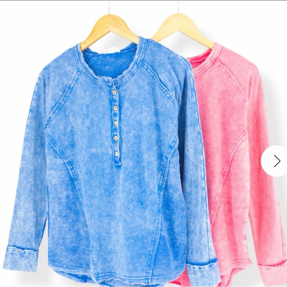 Zenana Blue and Pink Long Sleeve Henley Shirt